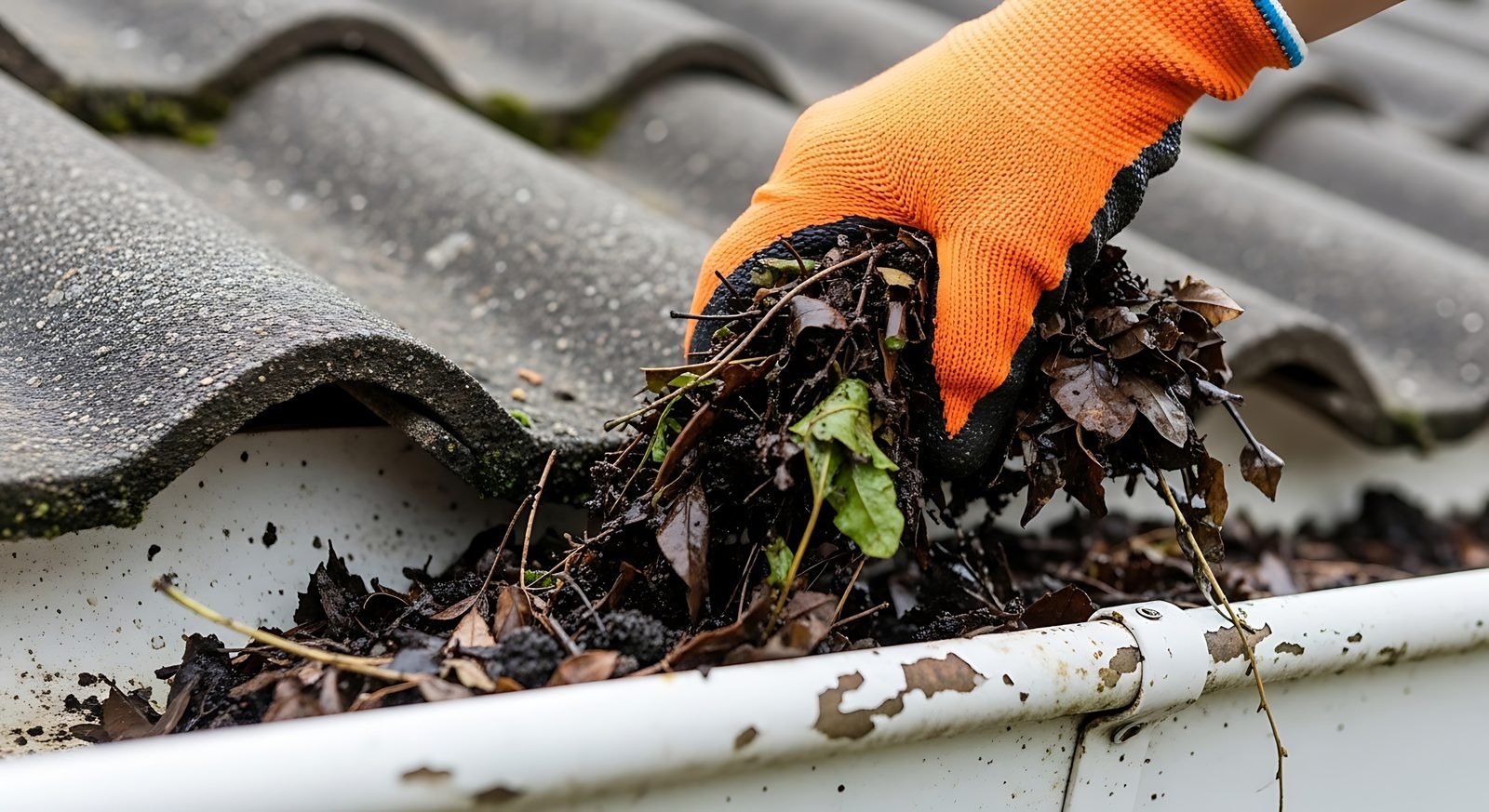 Removing leaves and debris from a gutter by hand