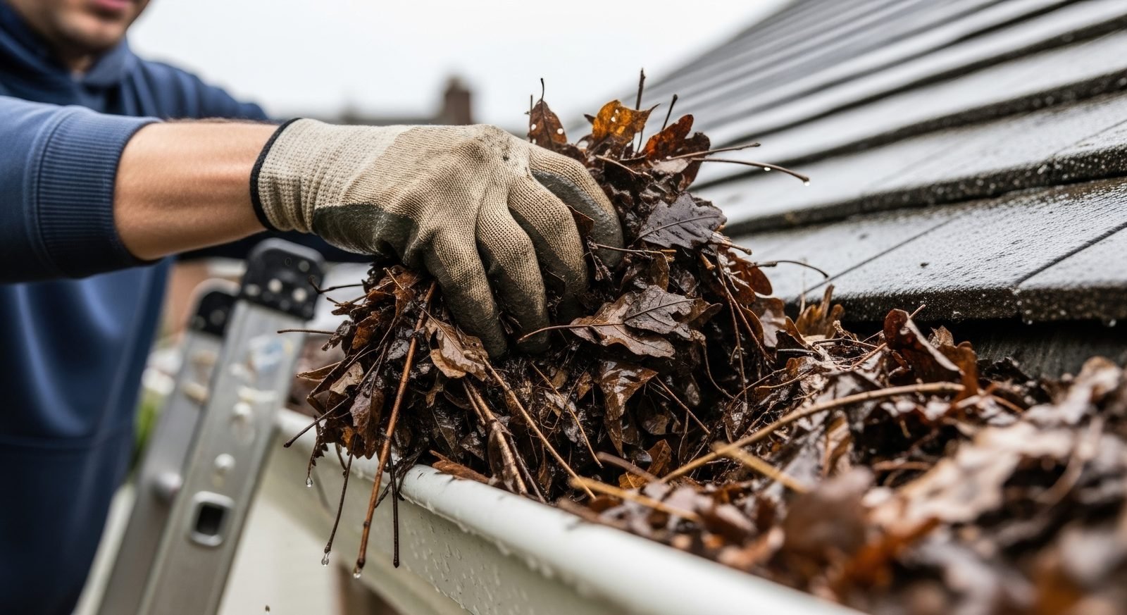 Hand-cleaning a clogged gutter