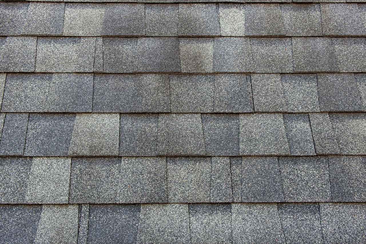 Close-up of asphalt shingle roofing above a gutter line